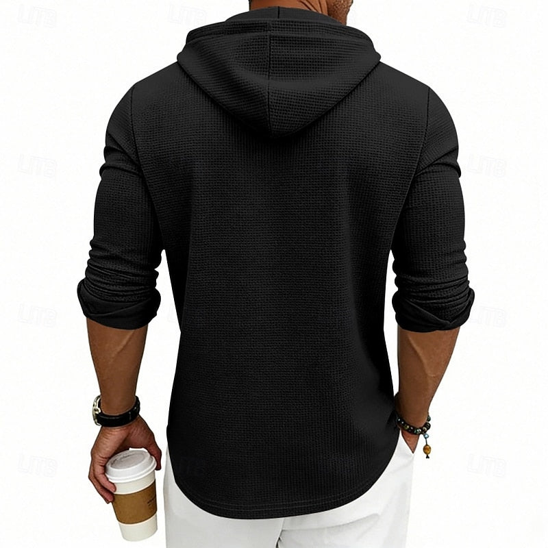 Waffle Knit Hooded Henley Shirt Men's Long Sleeve Drawstring Button Top – Casual, Everyday