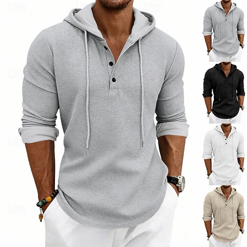 Waffle Knit Hooded Henley Shirt Men's Long Sleeve Drawstring Button Top – Casual, Everyday
