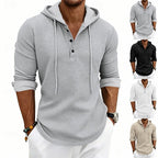 Waffle Knit Hooded Henley Shirt Men's Long Sleeve Drawstring Button Top – Casual, Everyday