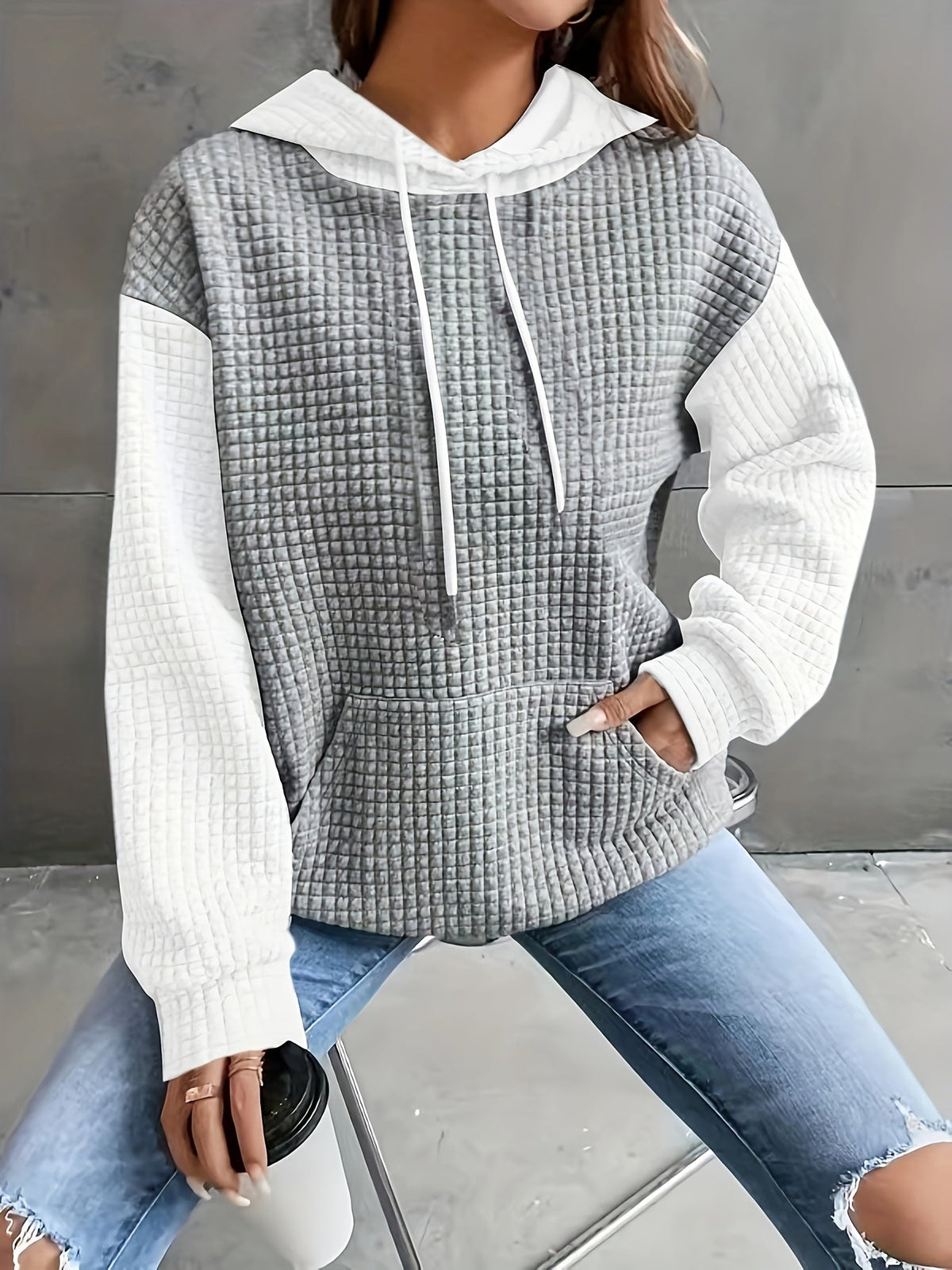 Waffle Knit Hoodie Women's Color Block Drawstring Pullover with Pocket – Casual, Everyday Comfort
