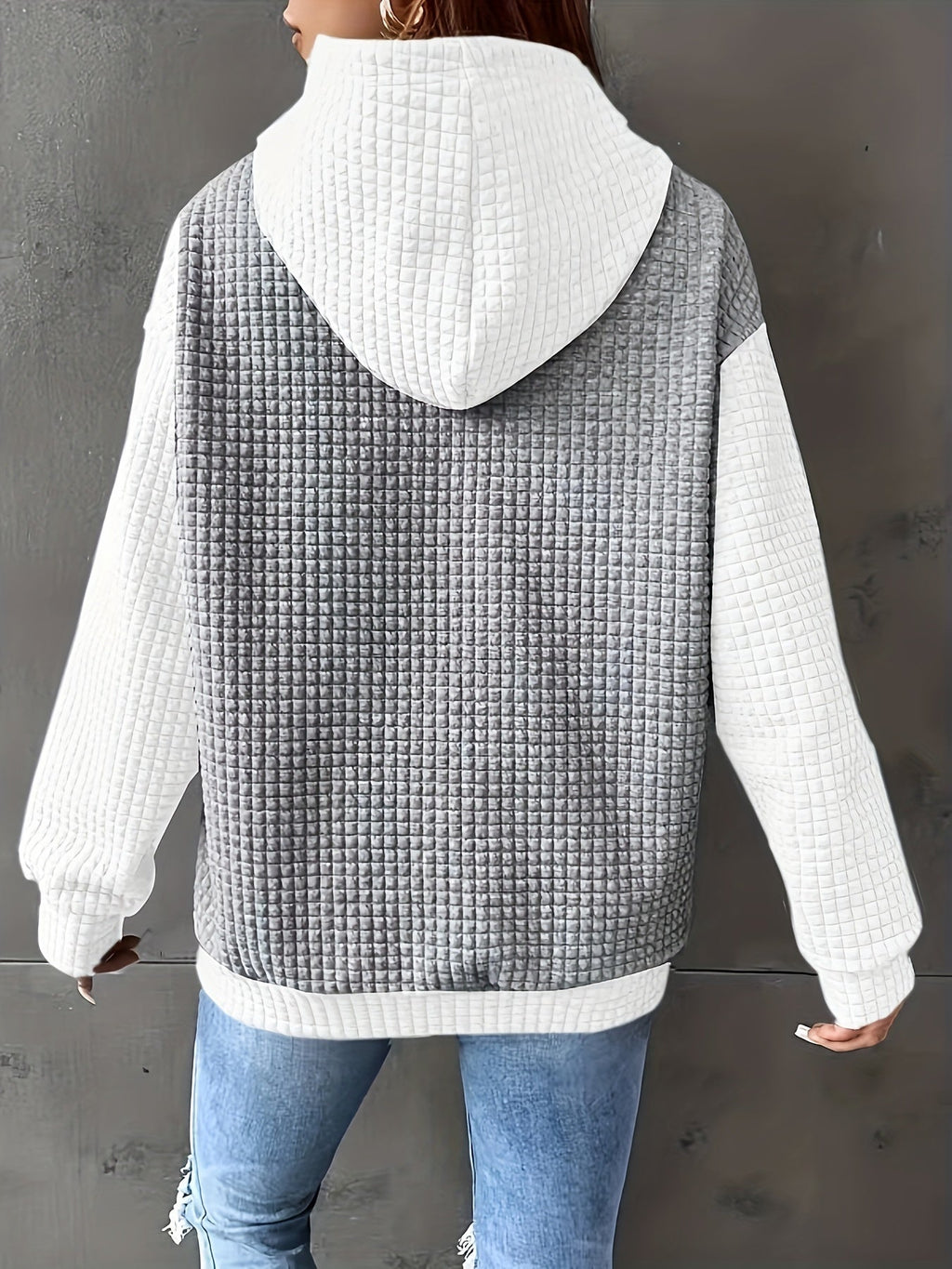 Waffle Knit Hoodie Women's Color Block Drawstring Pullover with Pocket – Casual, Everyday Comfort