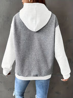 Waffle Knit Hoodie Women's Color Block Drawstring Pullover with Pocket – Casual, Everyday Comfort