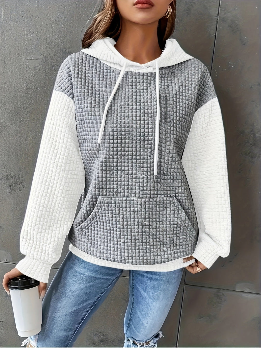 Waffle Knit Hoodie Women's Color Block Drawstring Pullover with Pocket – Casual, Everyday Comfort
