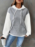 Waffle Knit Hoodie Women's Color Block Drawstring Pullover with Pocket – Casual, Everyday Comfort