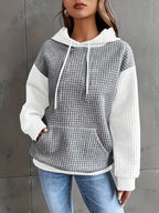 Waffle Knit Hoodie Women's Color Block Drawstring Pullover with Pocket – Casual, Everyday Comfort