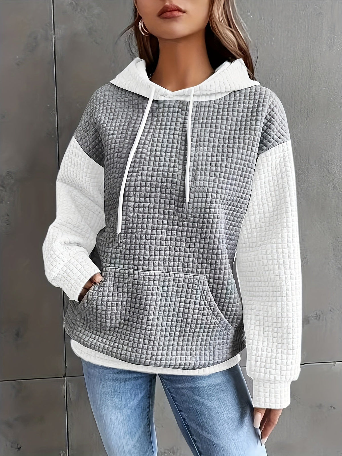 Waffle Knit Hoodie Women's Color Block Drawstring Pullover with Pocket – Casual, Everyday Comfort