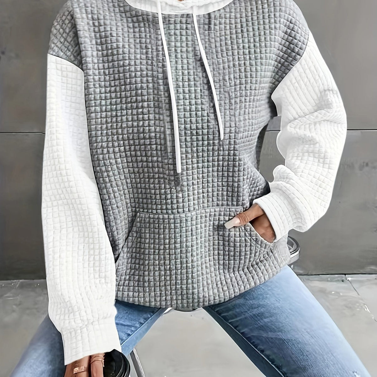 Waffle Knit Hoodie Women's Color Block Drawstring Pullover with Pocket – Casual, Everyday Comfort