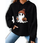 Waffle Knit Hoodie Women's Ghost Pumpkin Print Gray Kangaroo Pocket – Halloween, Casual