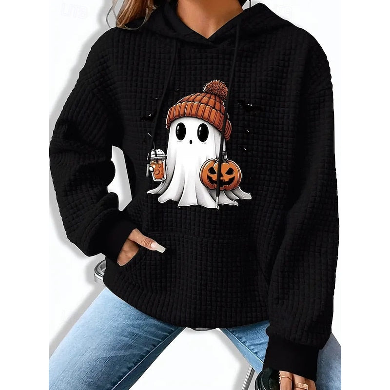 Waffle Knit Hoodie Women's Ghost Pumpkin Print Gray Kangaroo Pocket – Halloween, Casual