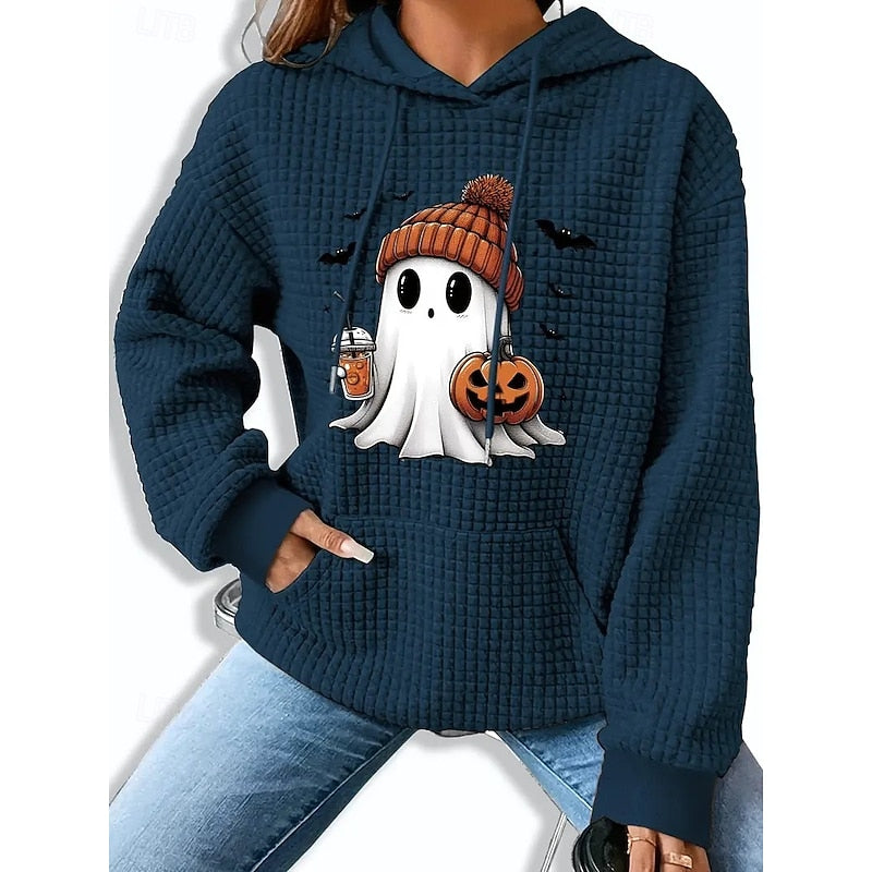 Waffle Knit Hoodie Women's Ghost Pumpkin Print Gray Kangaroo Pocket – Halloween, Casual