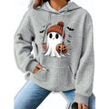 Waffle Knit Hoodie Women's Ghost Pumpkin Print Gray Kangaroo Pocket – Halloween, Casual