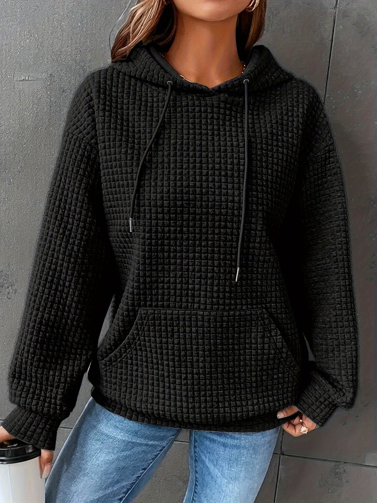 Waffle Knit Hoodie Women's Textured Pullover with Drawstring & Kangaroo Pocket – Casual, Everyday