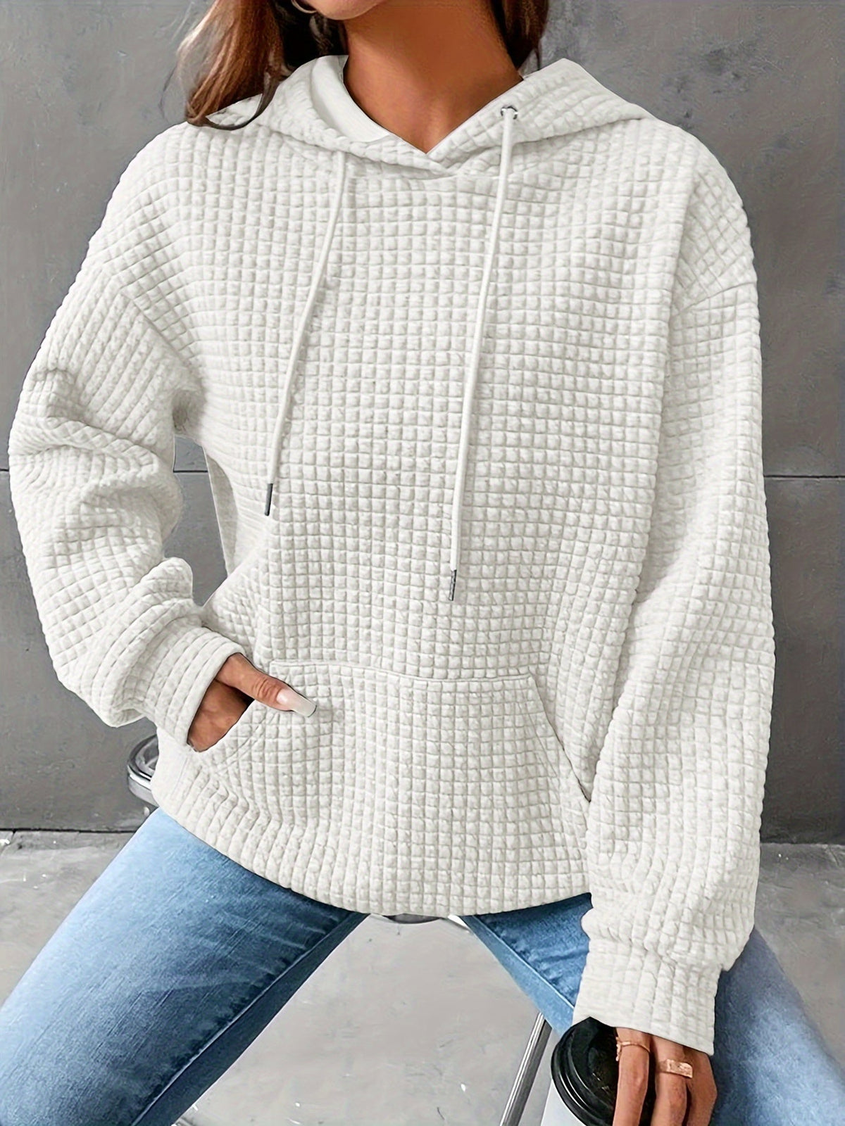 Waffle Knit Hoodie Women's Textured Pullover with Drawstring & Kangaroo Pocket – Casual, Everyday