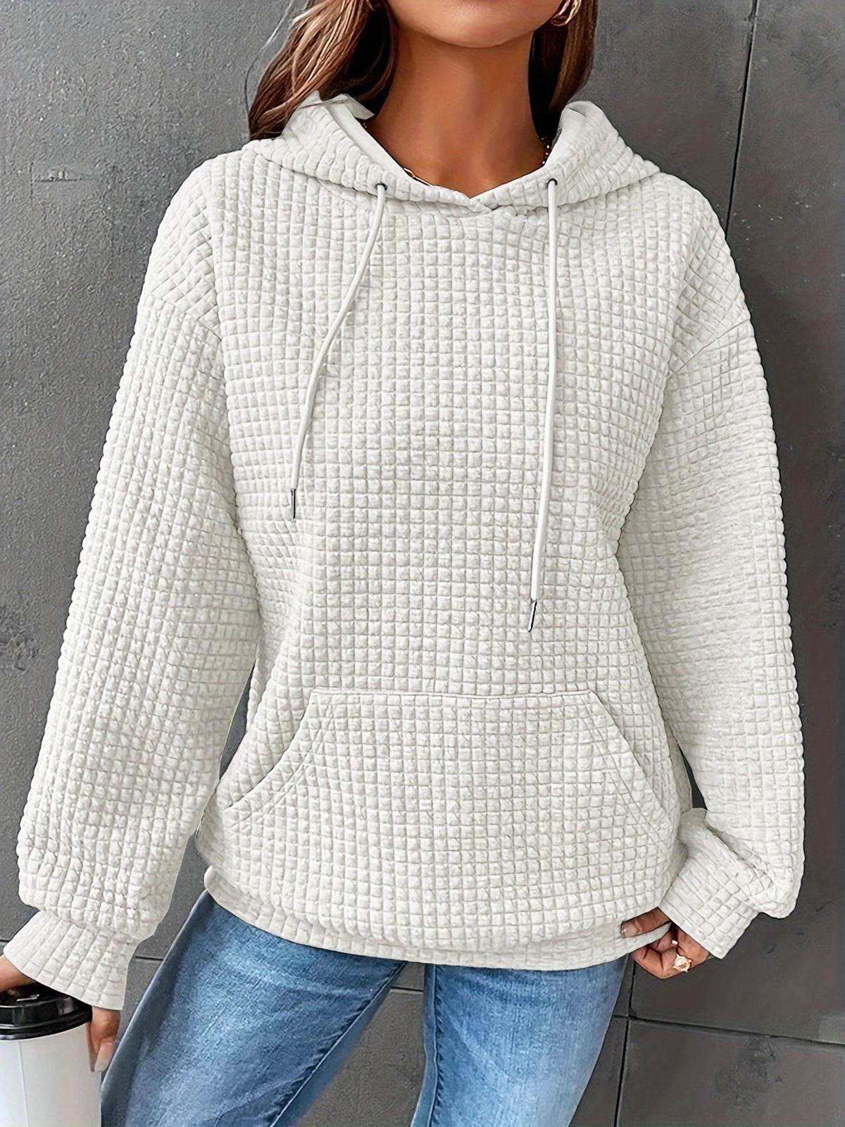 Waffle Knit Hoodie Women's Textured Pullover with Drawstring & Kangaroo Pocket – Casual, Everyday