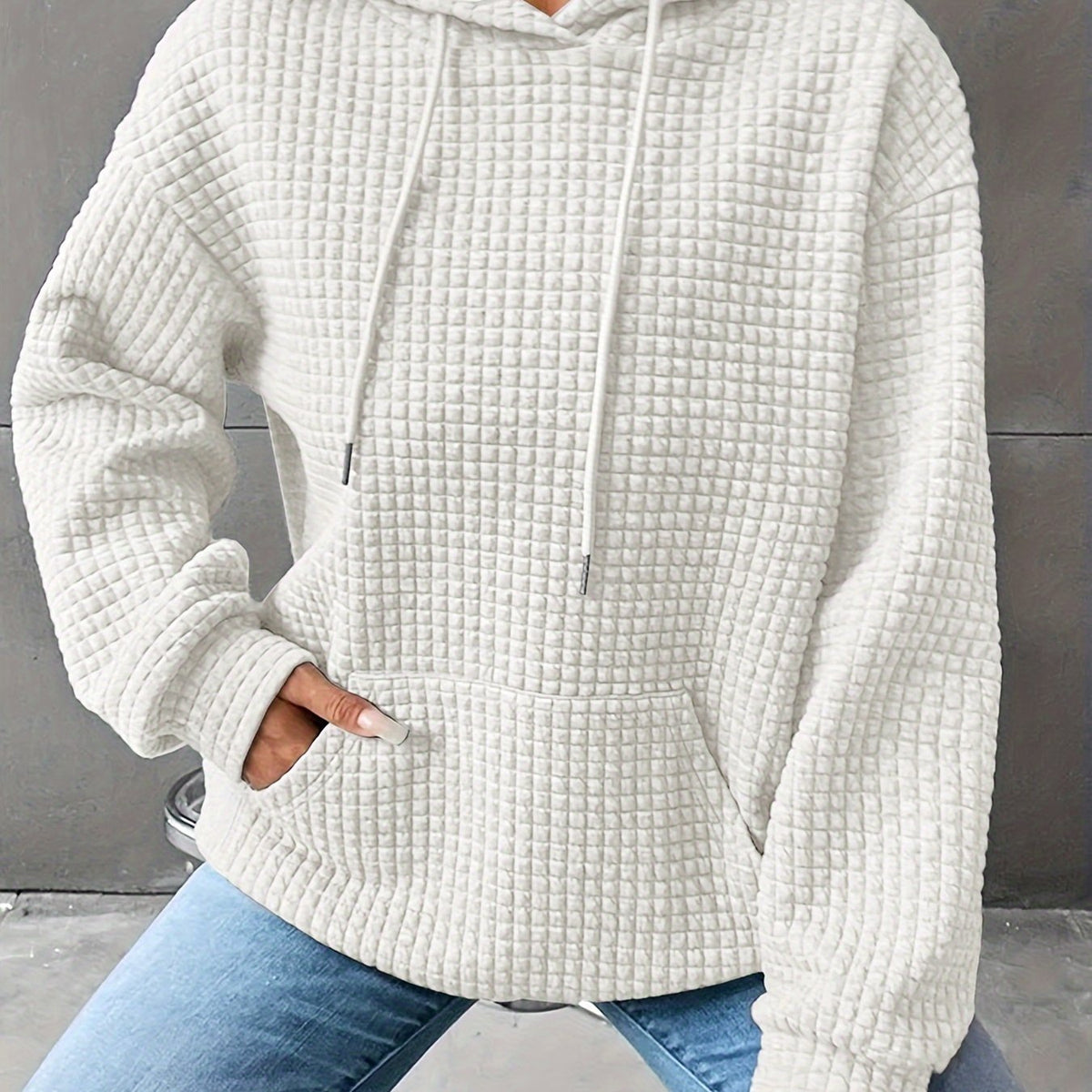 Waffle Knit Hoodie Women's Textured Pullover with Drawstring & Kangaroo Pocket – Casual, Everyday