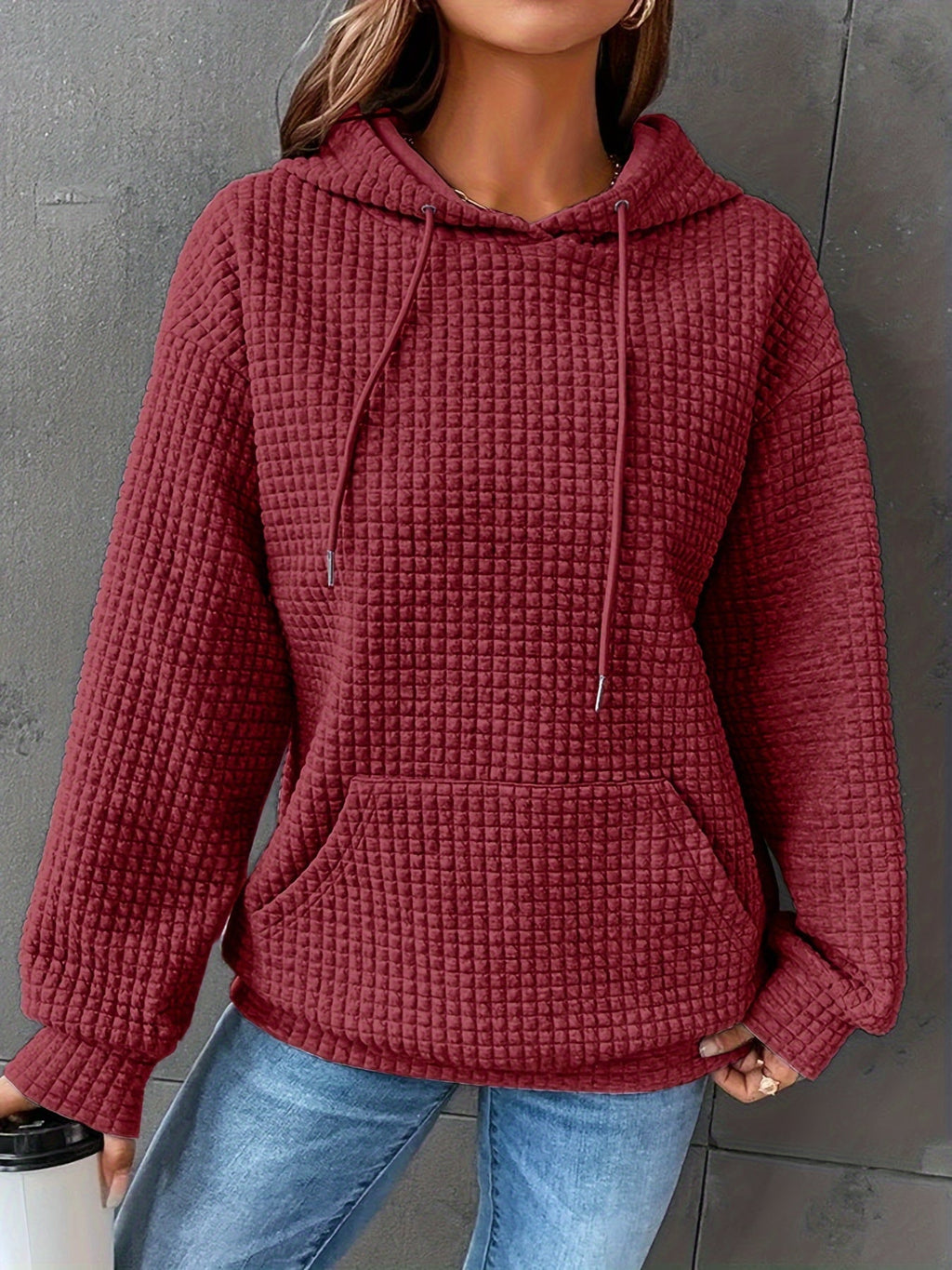 Waffle Knit Hoodie Women's Textured Pullover with Drawstring & Kangaroo Pocket – Casual, Everyday