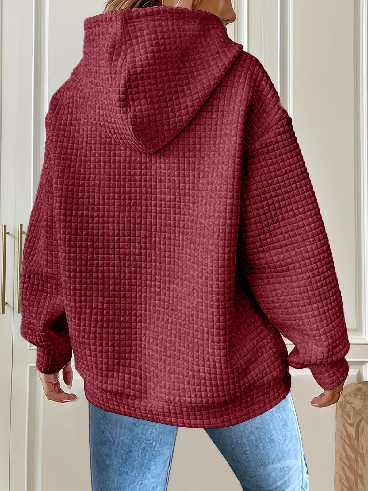 Waffle Knit Hoodie Women's Textured Pullover with Drawstring & Kangaroo Pocket – Casual, Everyday