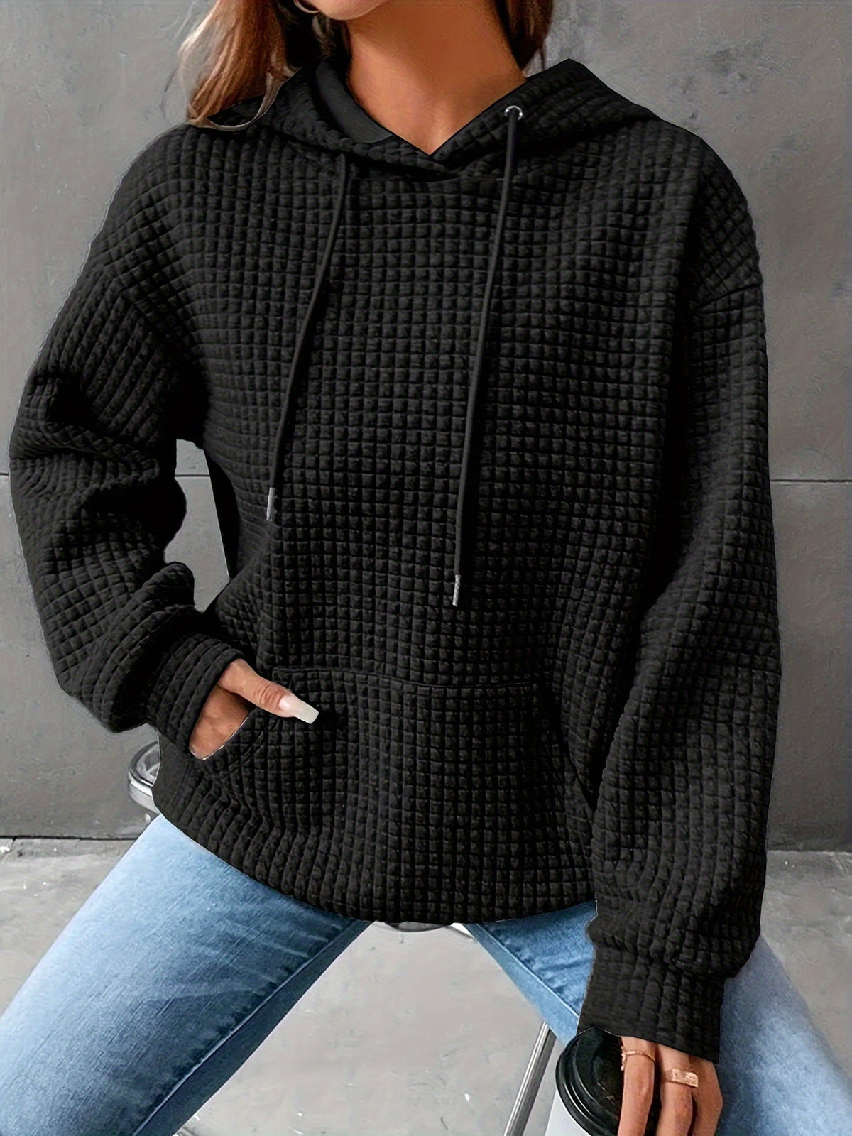 Waffle Knit Hoodie Women's Textured Pullover with Drawstring & Kangaroo Pocket – Casual, Everyday