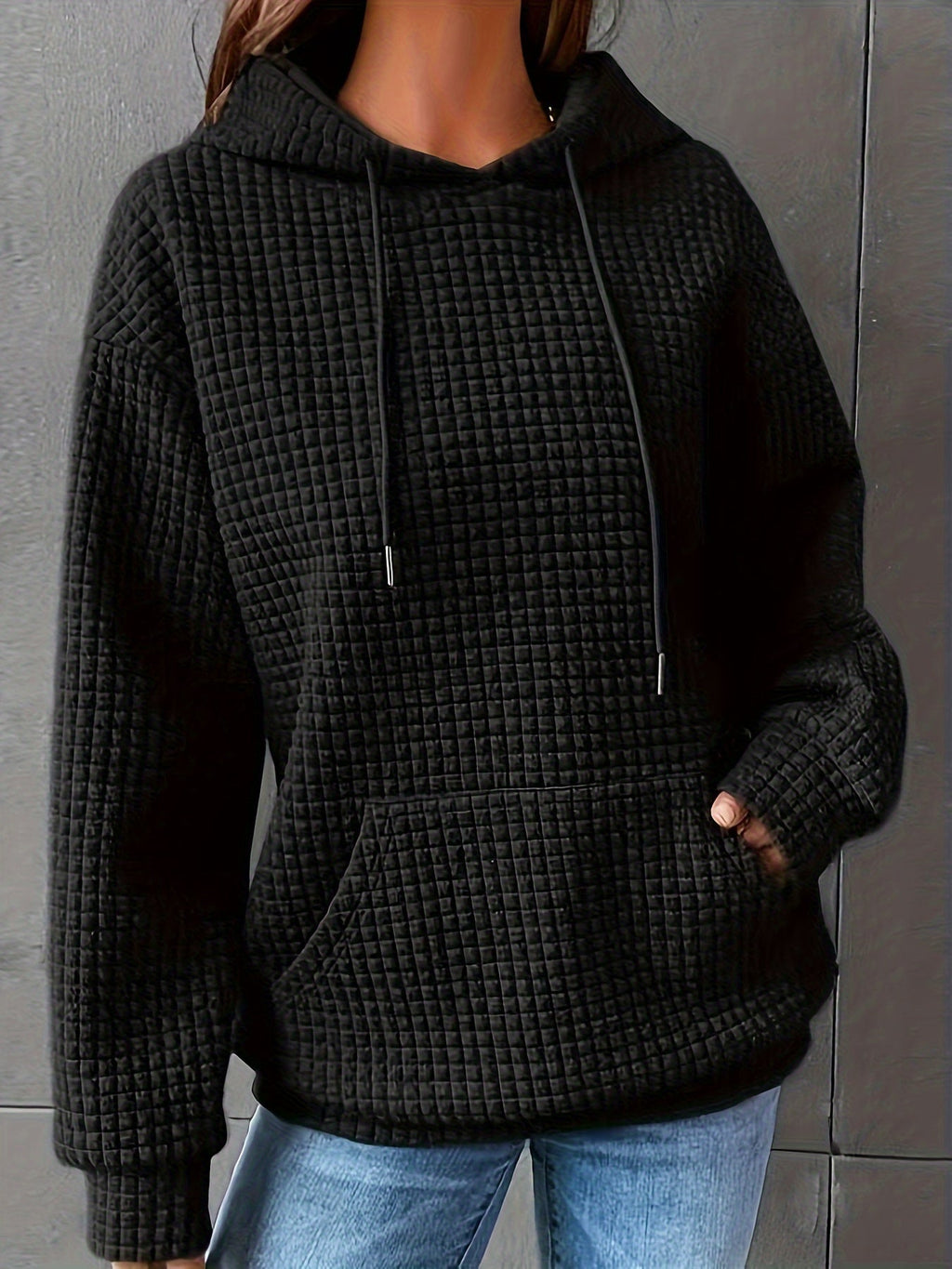 Waffle Knit Hoodie Women's Textured Pullover with Drawstring & Kangaroo Pocket – Casual, Everyday