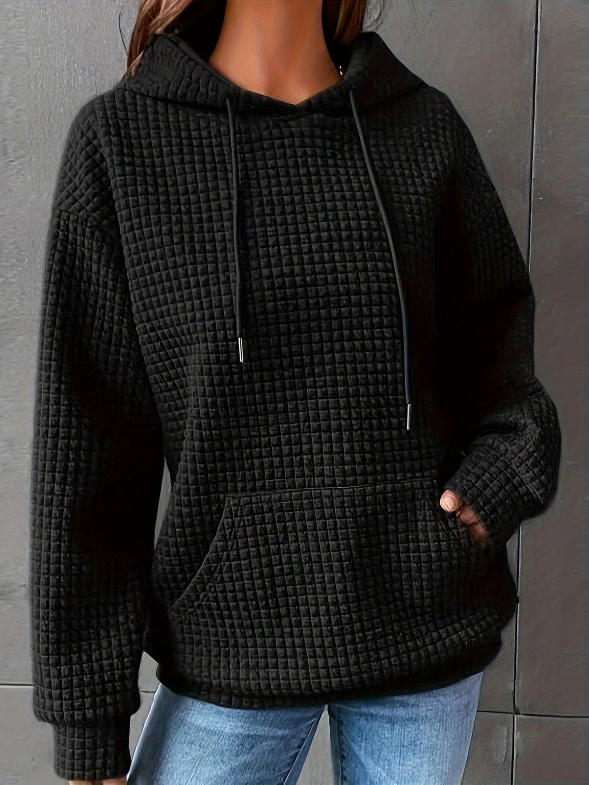 Waffle Knit Hoodie Women's Textured Pullover with Drawstring & Kangaroo Pocket – Casual, Everyday