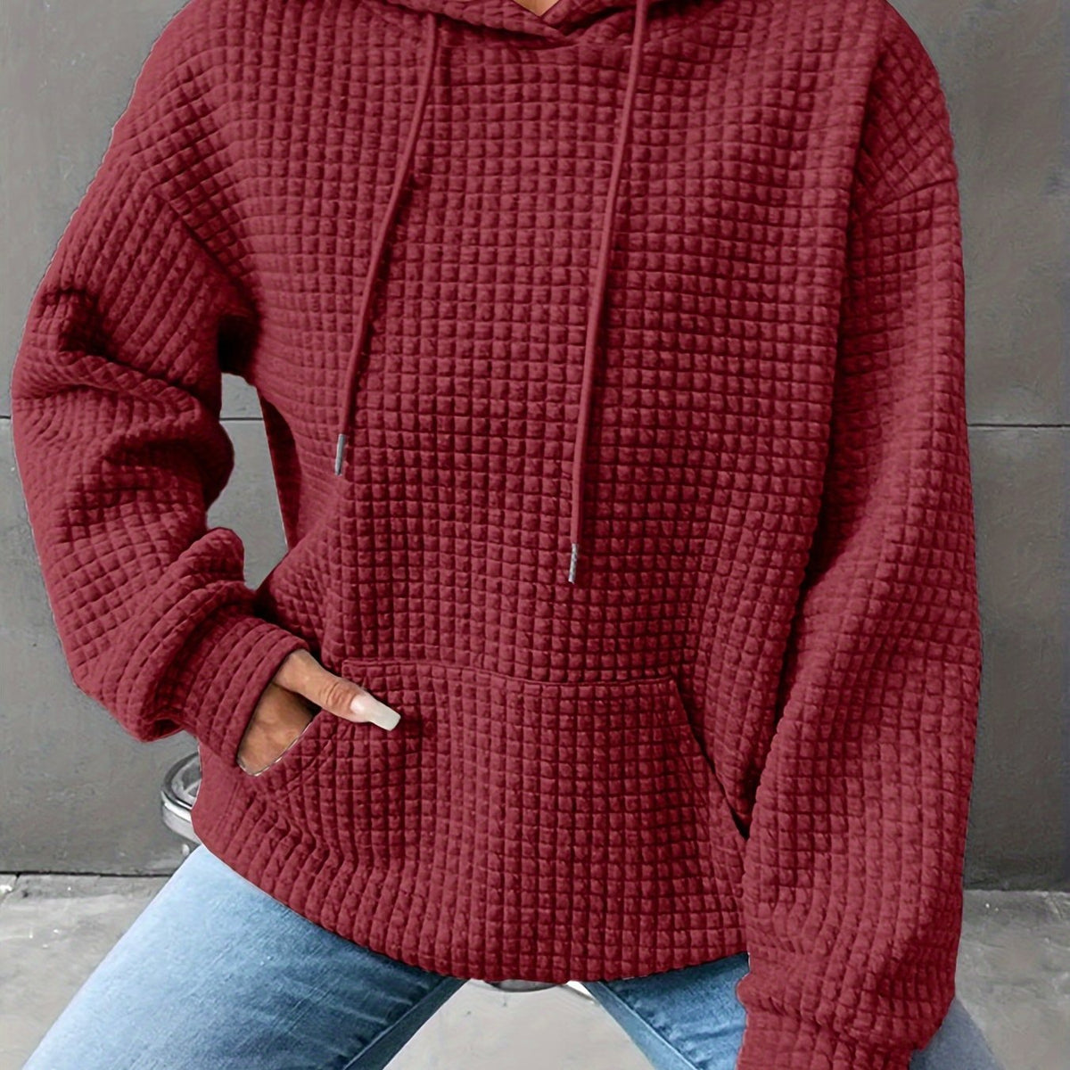 Waffle Knit Hoodie Women's Textured Pullover with Drawstring & Kangaroo Pocket – Casual, Everyday