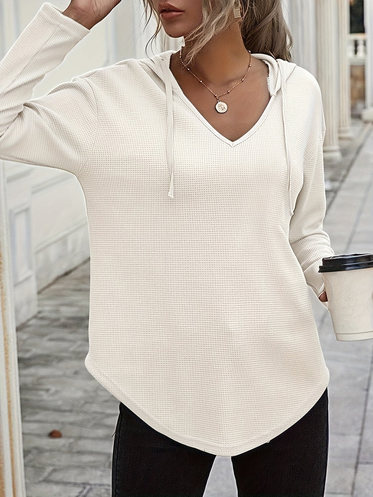 Waffle Knit Hoodie Women's V-Neck Long Sleeve Drawstring Pullover Top – Casual, Loungewear