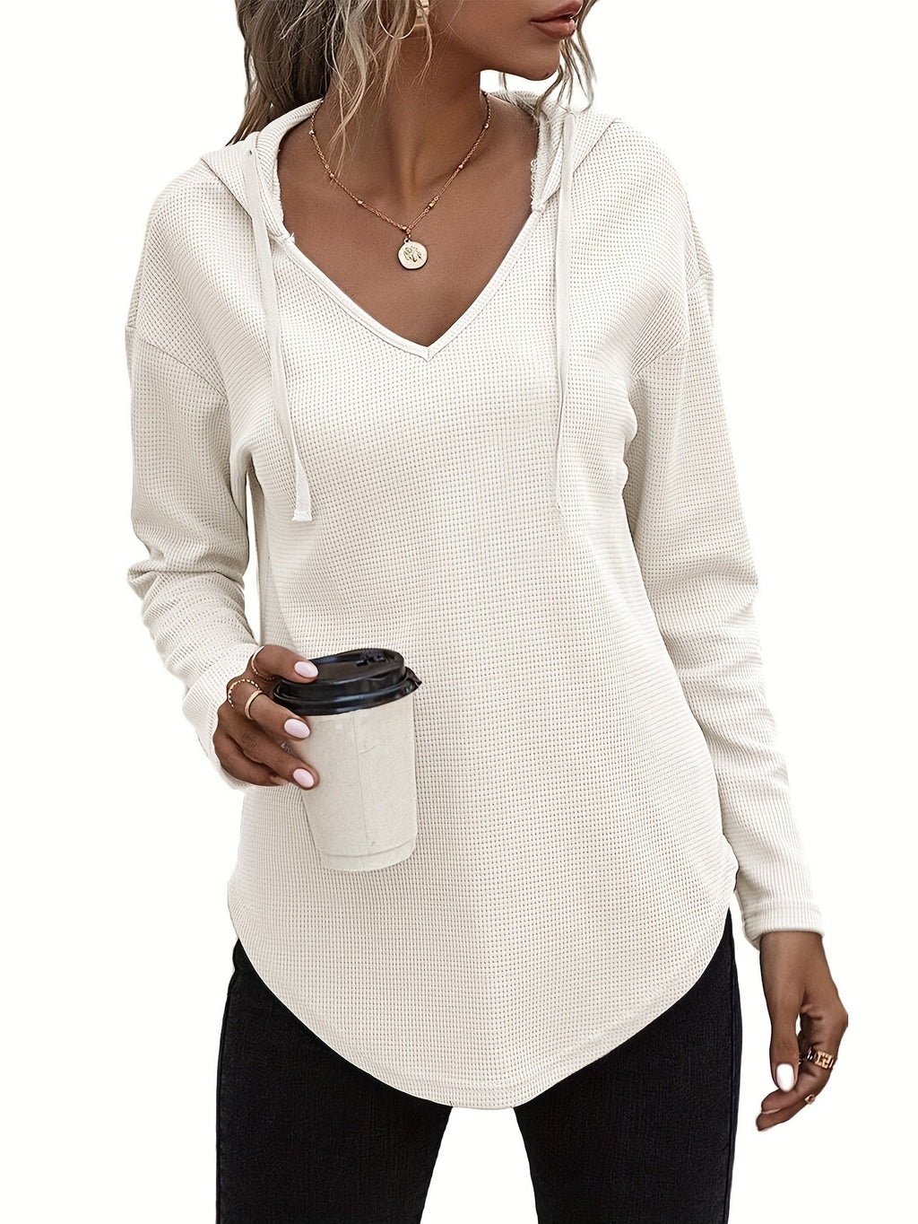 Waffle Knit Hoodie Women's V-Neck Long Sleeve Drawstring Pullover Top – Casual, Loungewear