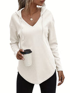Waffle Knit Hoodie Women's V-Neck Long Sleeve Drawstring Pullover Top – Casual, Loungewear
