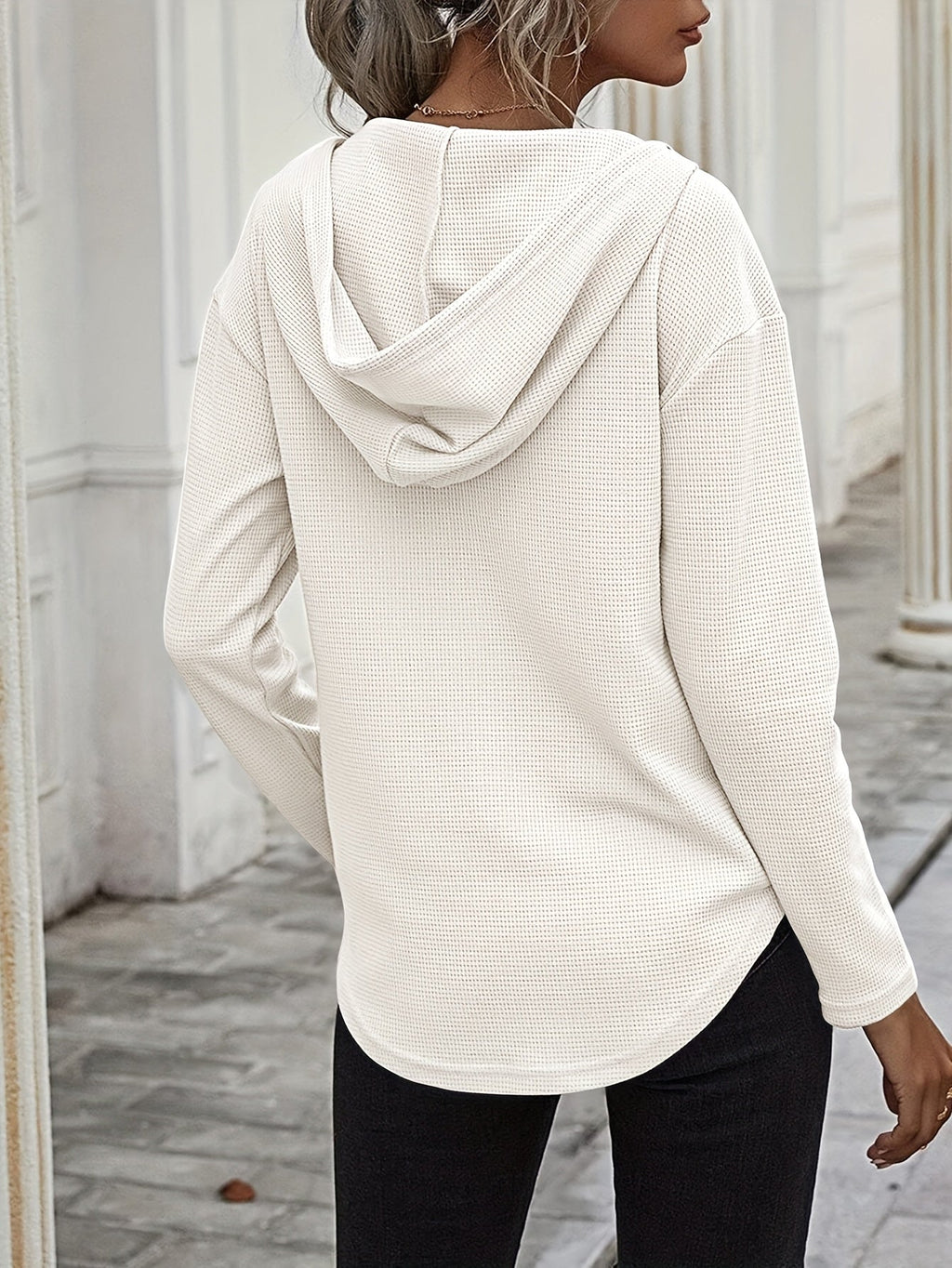 Waffle Knit Hoodie Women's V-Neck Long Sleeve Drawstring Pullover Top – Casual, Loungewear