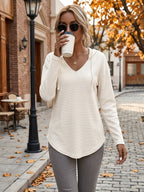 Waffle Knit Hoodie Women's V-Neck Long Sleeve Drawstring Pullover Top – Casual, Loungewear