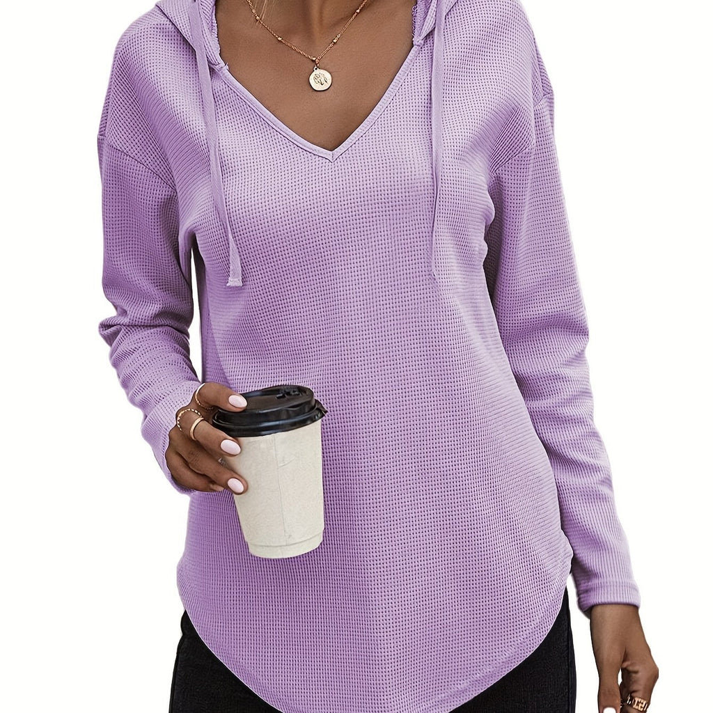 Waffle Knit Hoodie Women's V-Neck Long Sleeve Drawstring Pullover Top – Casual, Loungewear