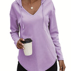 Waffle Knit Hoodie Women's V-Neck Long Sleeve Drawstring Pullover Top – Casual, Loungewear