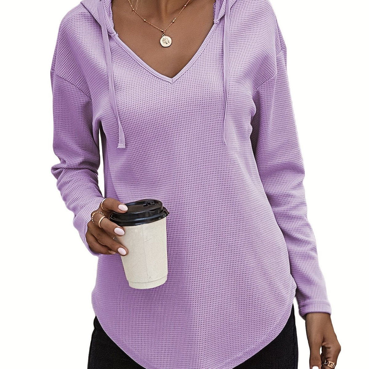 Waffle Knit Hoodie Women's V-Neck Long Sleeve Drawstring Pullover Top – Casual, Loungewear