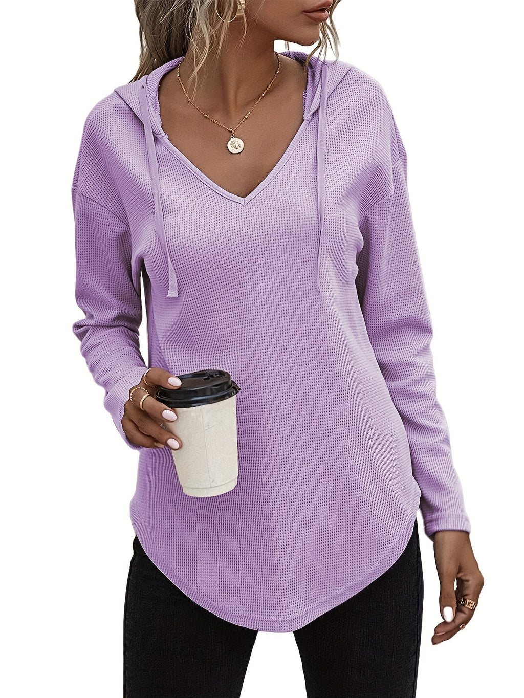 Waffle Knit Hoodie Women's V-Neck Long Sleeve Drawstring Pullover Top – Casual, Loungewear
