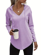 Waffle Knit Hoodie Women's V-Neck Long Sleeve Drawstring Pullover Top – Casual, Loungewear