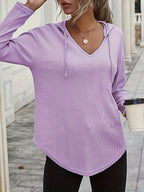 Waffle Knit Hoodie Women's V-Neck Long Sleeve Drawstring Pullover Top – Casual, Loungewear