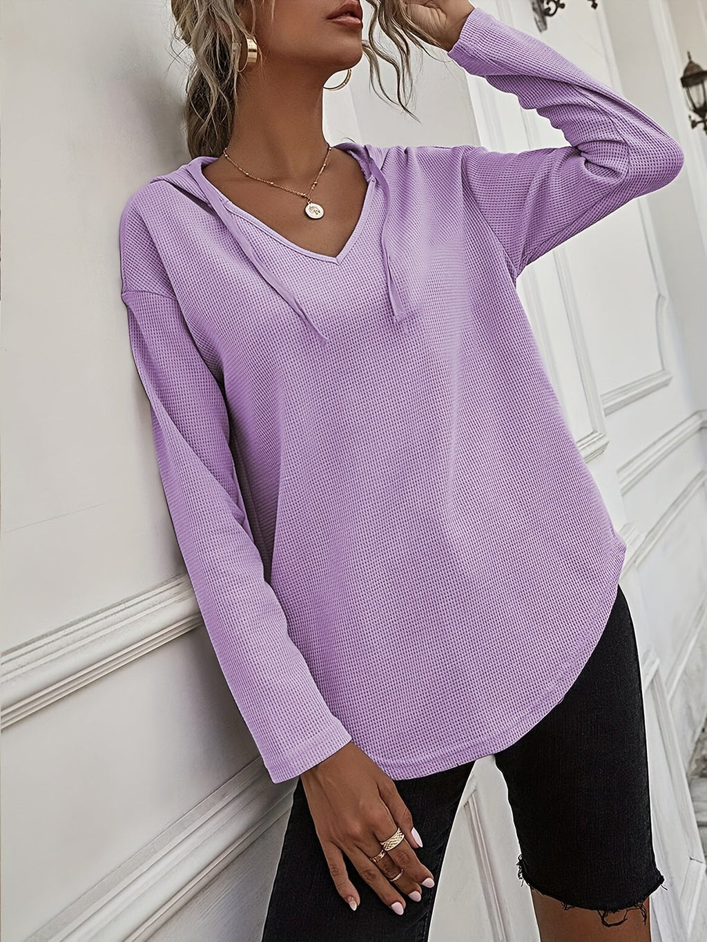 Waffle Knit Hoodie Women's V-Neck Long Sleeve Drawstring Pullover Top – Casual, Loungewear