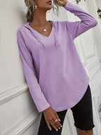 Waffle Knit Hoodie Women's V-Neck Long Sleeve Drawstring Pullover Top – Casual, Loungewear