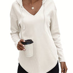 Waffle Knit Hoodie Women's V-Neck Long Sleeve Drawstring Pullover Top – Casual, Loungewear