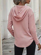 Waffle Knit Hoodie Women's V-Neck Long Sleeve Drawstring Pullover Top – Casual, Loungewear