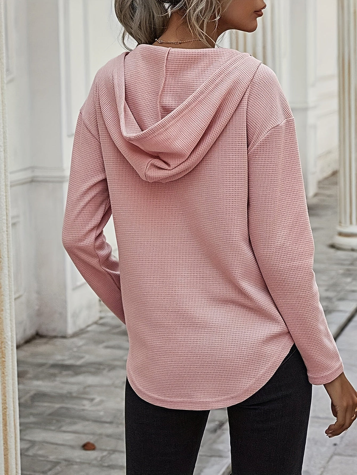 Waffle Knit Hoodie Women's V-Neck Long Sleeve Drawstring Pullover Top – Casual, Loungewear
