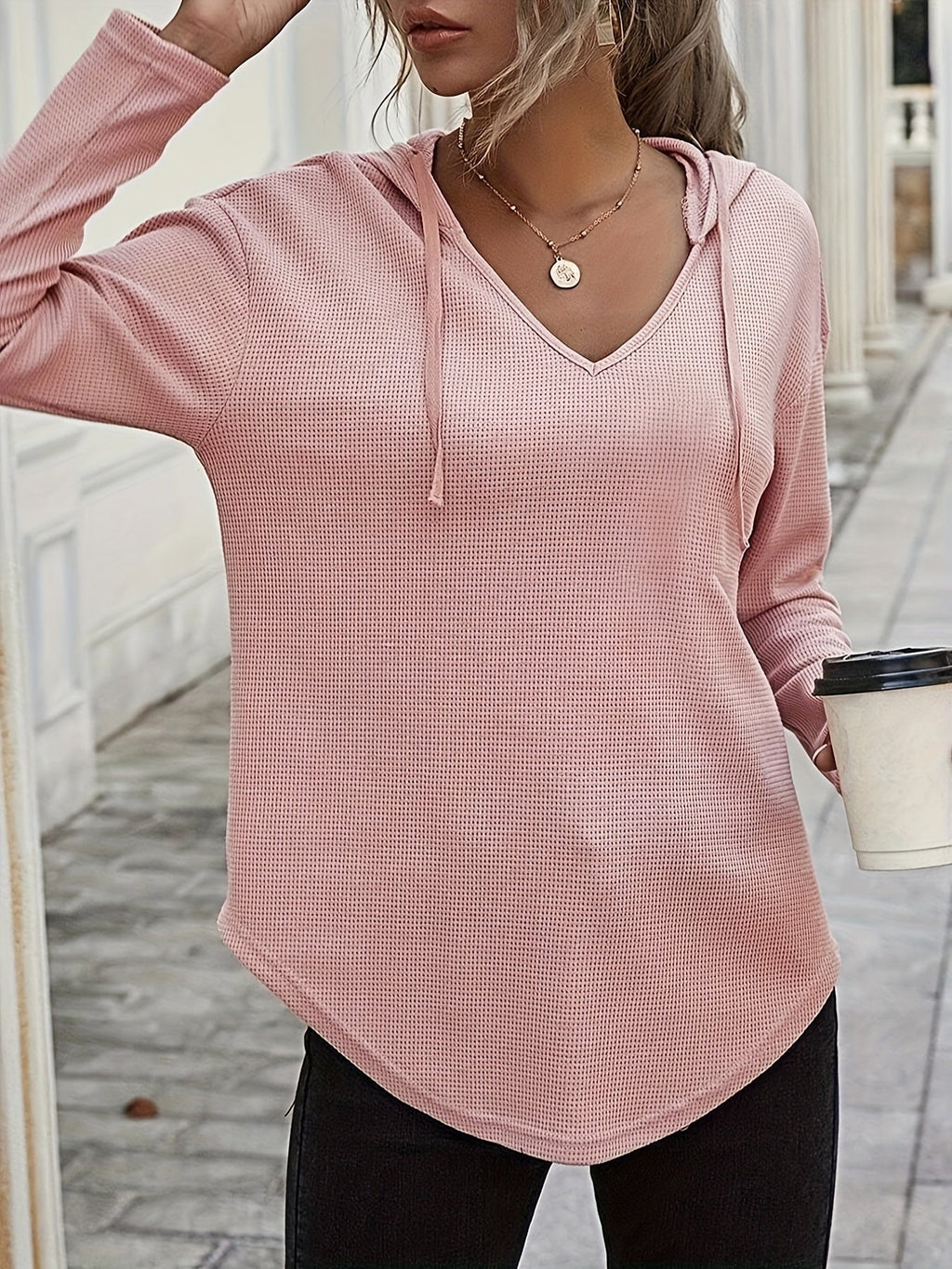 Waffle Knit Hoodie Women's V-Neck Long Sleeve Drawstring Pullover Top – Casual, Loungewear