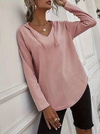Waffle Knit Hoodie Women's V-Neck Long Sleeve Drawstring Pullover Top – Casual, Loungewear