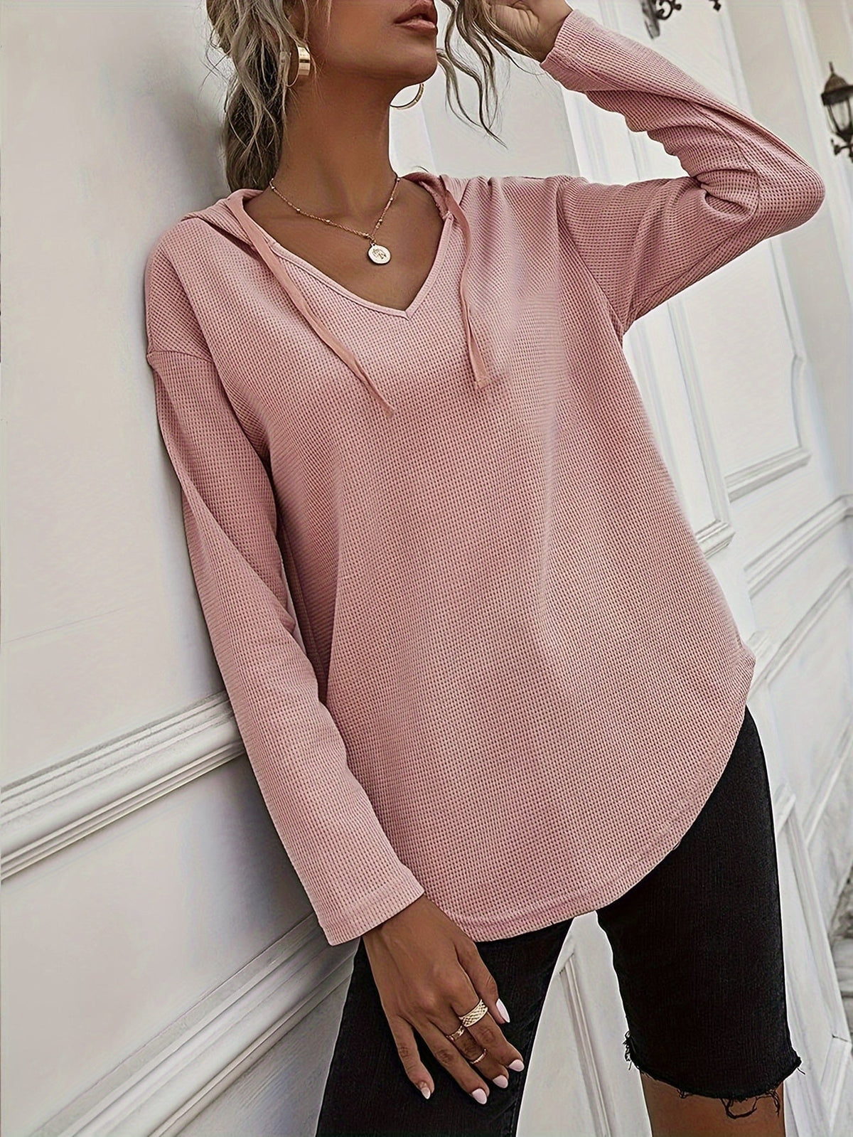 Waffle Knit Hoodie Women's V-Neck Long Sleeve Drawstring Pullover Top – Casual, Loungewear