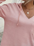 Waffle Knit Hoodie Women's V-Neck Long Sleeve Drawstring Pullover Top – Casual, Loungewear