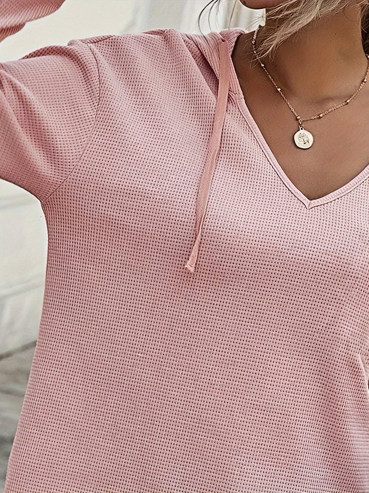 Waffle Knit Hoodie Women's V-Neck Long Sleeve Drawstring Pullover Top – Casual, Loungewear
