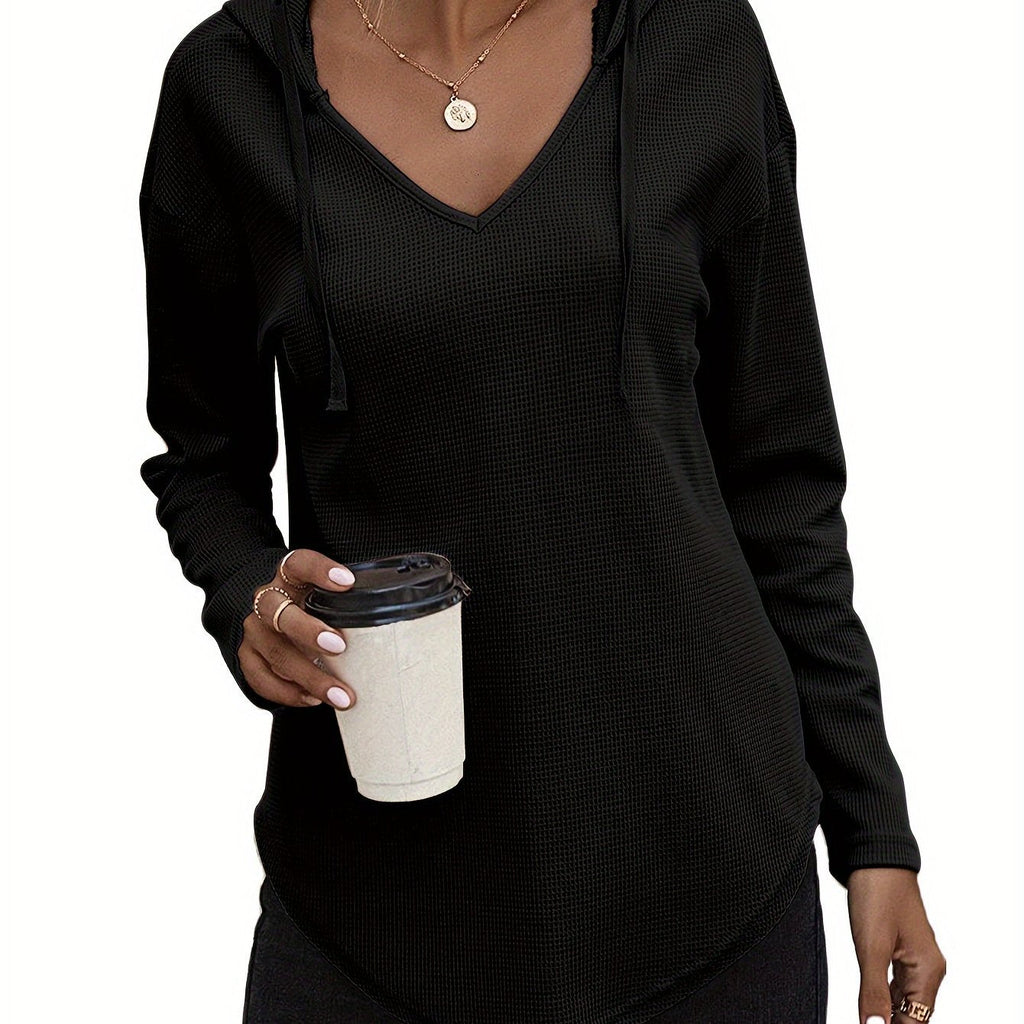 Waffle Knit Hoodie Women's V-Neck Long Sleeve Drawstring Pullover Top – Casual, Loungewear