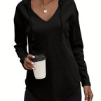 Waffle Knit Hoodie Women's V-Neck Long Sleeve Drawstring Pullover Top – Casual, Loungewear