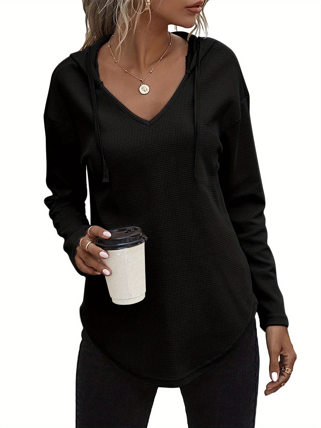 Waffle Knit Hoodie Women's V-Neck Long Sleeve Drawstring Pullover Top – Casual, Loungewear