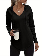 Waffle Knit Hoodie Women's V-Neck Long Sleeve Drawstring Pullover Top – Casual, Loungewear